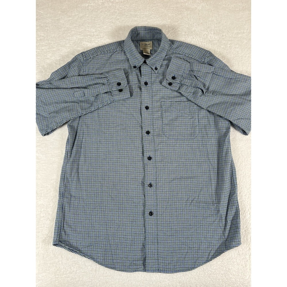 LL Bean 298276 Traditional Fit Blue Green White Houndstooth Flannel Men's M Reg - Picture 2 of 7